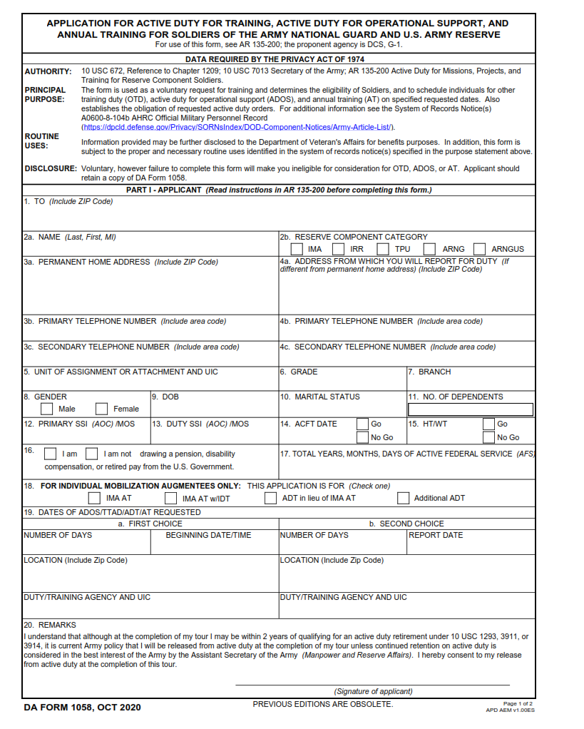 DA Form 1058 - Application For Active Duty For Training