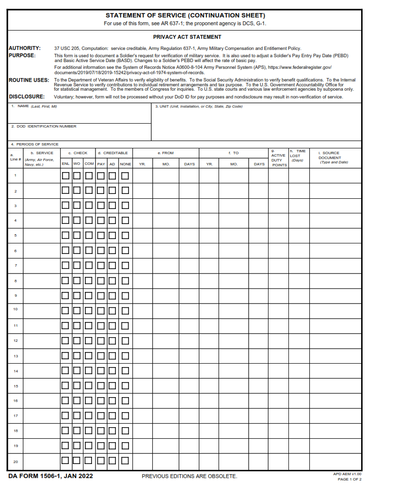DA Form 1506-1 - Statement Of Service (Continuation Sheet) Page 1