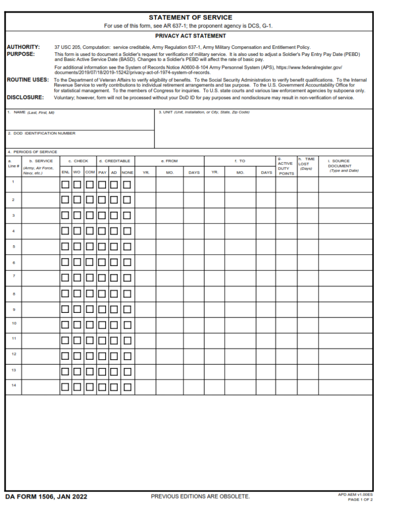 DA Form 1506 Statement Of Service DA Form 1506 Statement Of Service