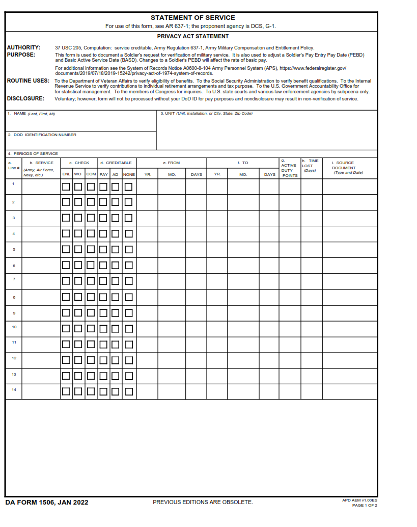 DA Form 1506 - Statement Of Service Page 1