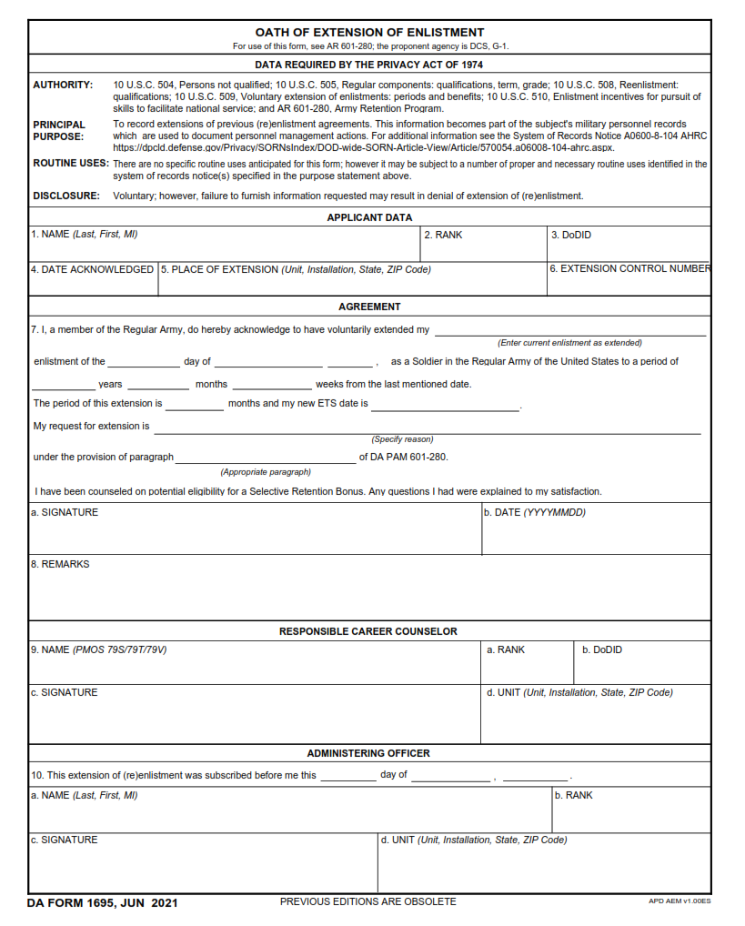 DA Form 1695 - Oath Of Extension Of Enlistment