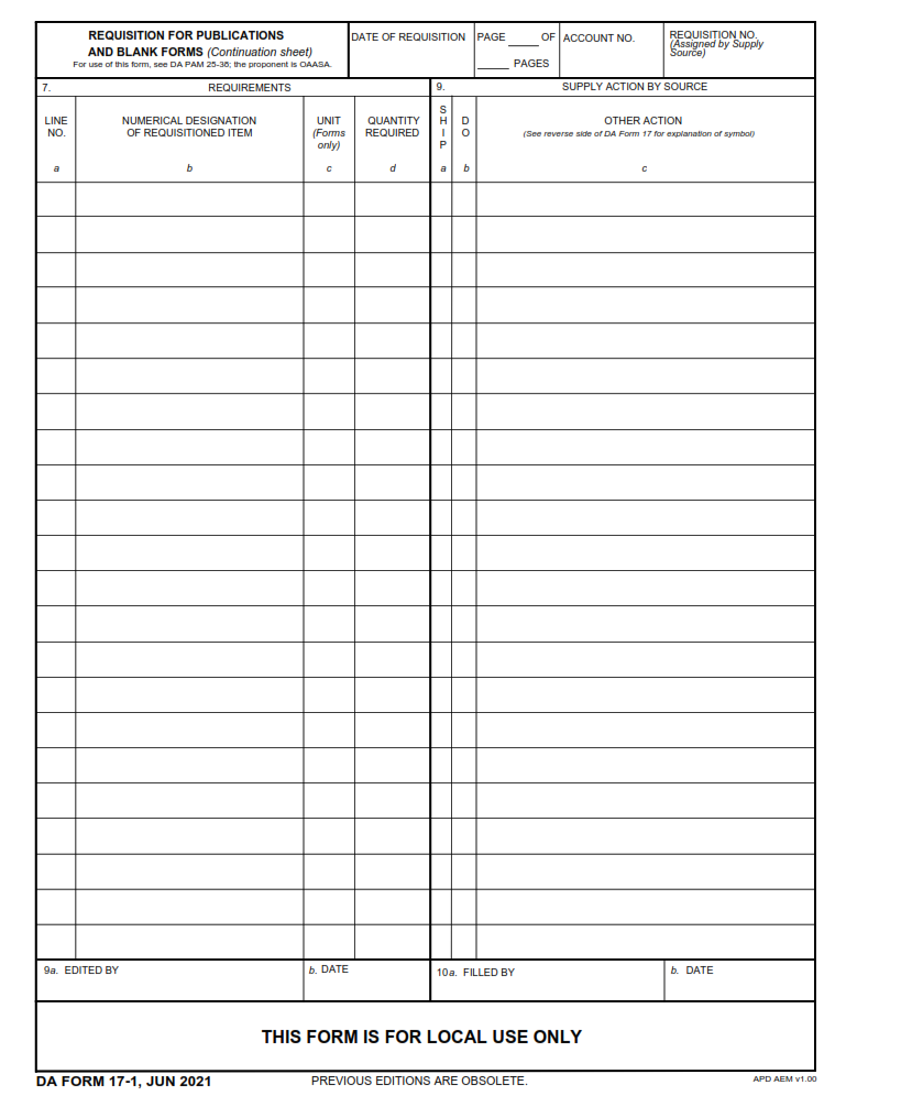 DA Form 17-1 - Requisition For Publications And Blank Forms