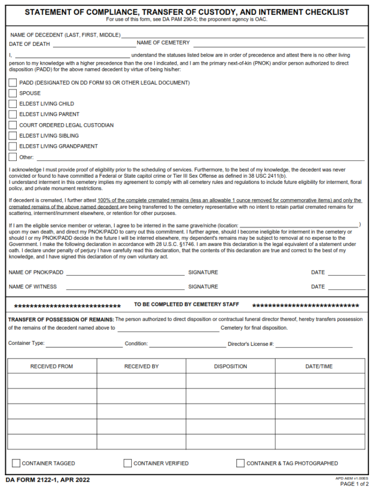 DA Form 2122 1 Statement Of Compliance Andtransfer Of Custody