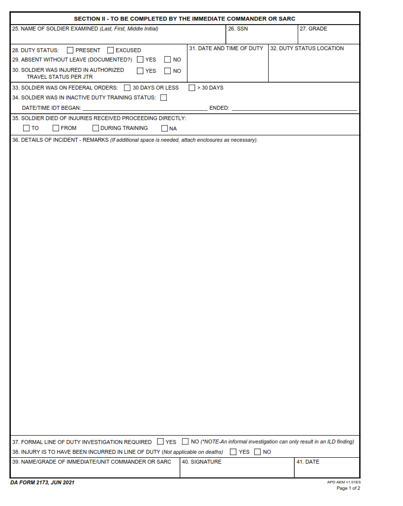 DA Form 2173 - Statement Of Medical Examination And Duty Status Page 2