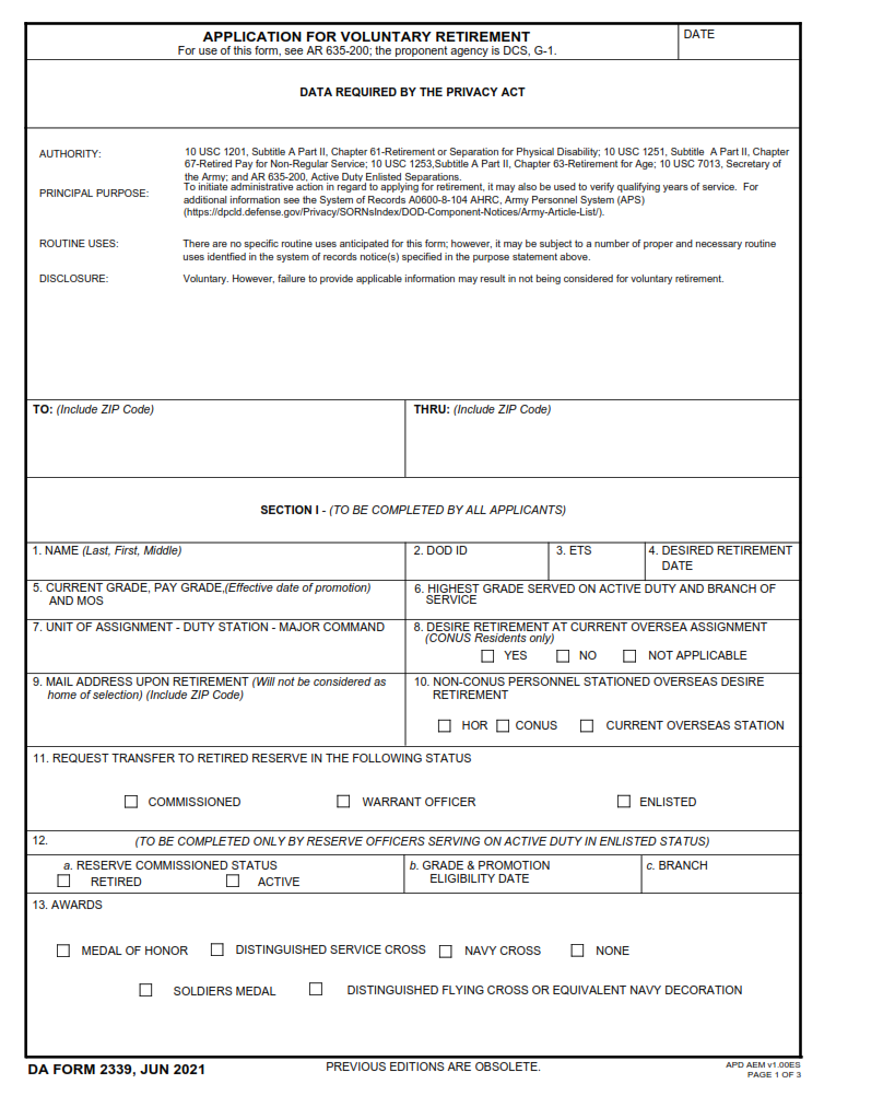 DA Form 2339 - Application For Voluntary Retirement Page 1