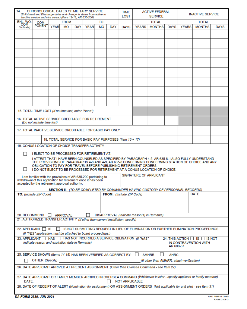 DA Form 2339 - Application For Voluntary Retirement Page 2