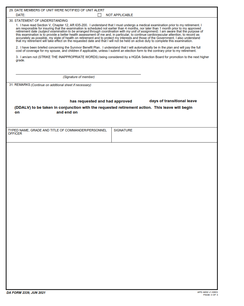 DA Form 2339 - Application For Voluntary Retirement Page 3