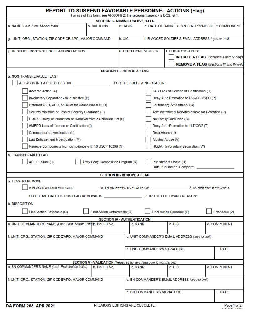 DA Form 268 - Report To Suspend Favorable Personnel Actions Page 1