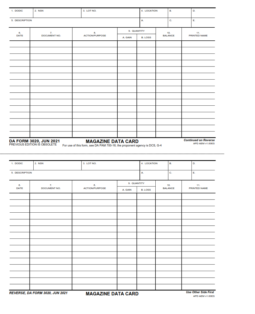 DA Form 3020 Magazine Data Card