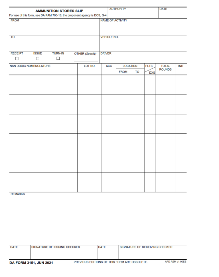 DA Form 3151 Ammunition Stores Slip