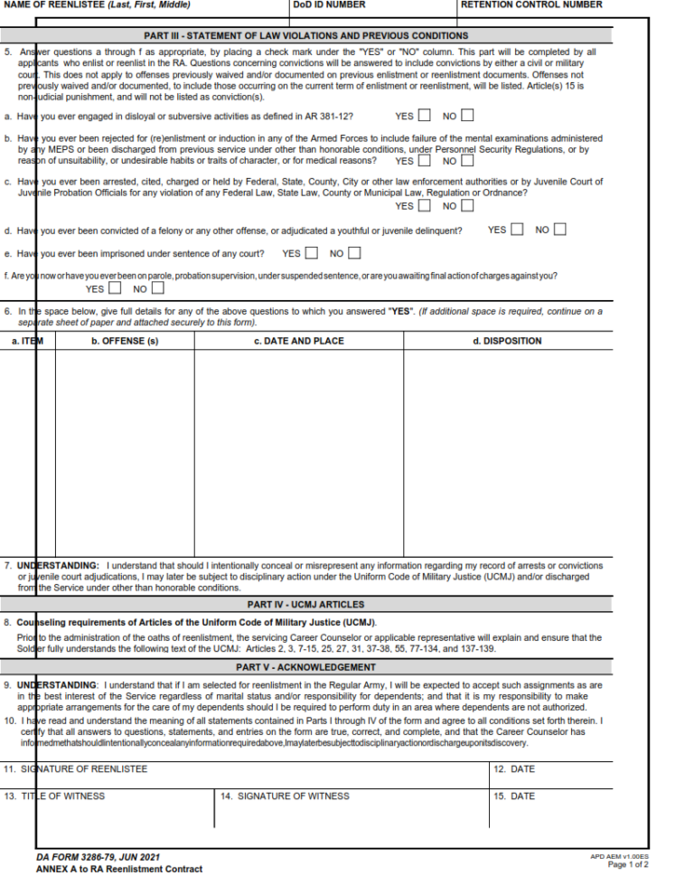 DA Form 3286-79 - Statements For Reenlistment