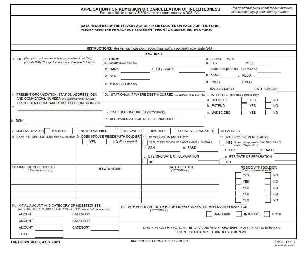 DA Form 3508 - Application For Remission Or Cancellation Of Indebtedness Page 1