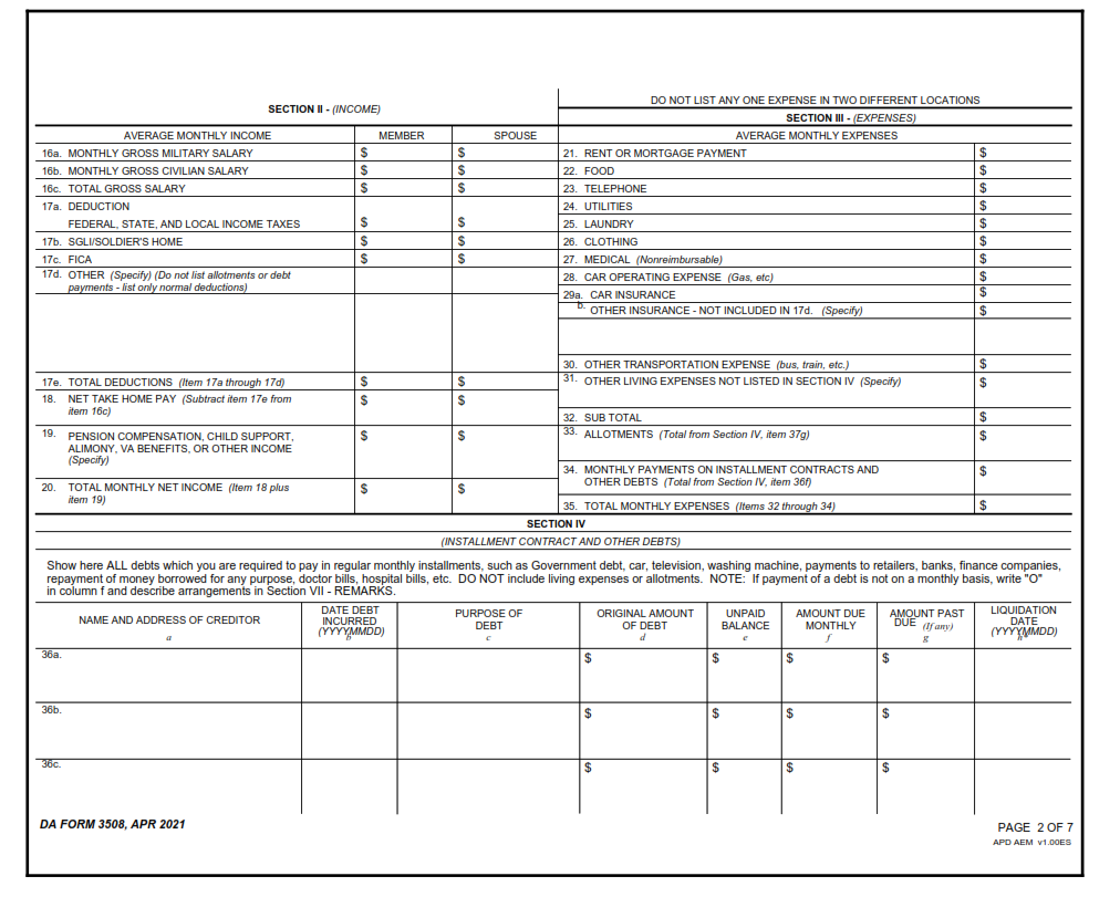 DA Form 3508 - Application For Remission Or Cancellation Of Indebtedness Page 2