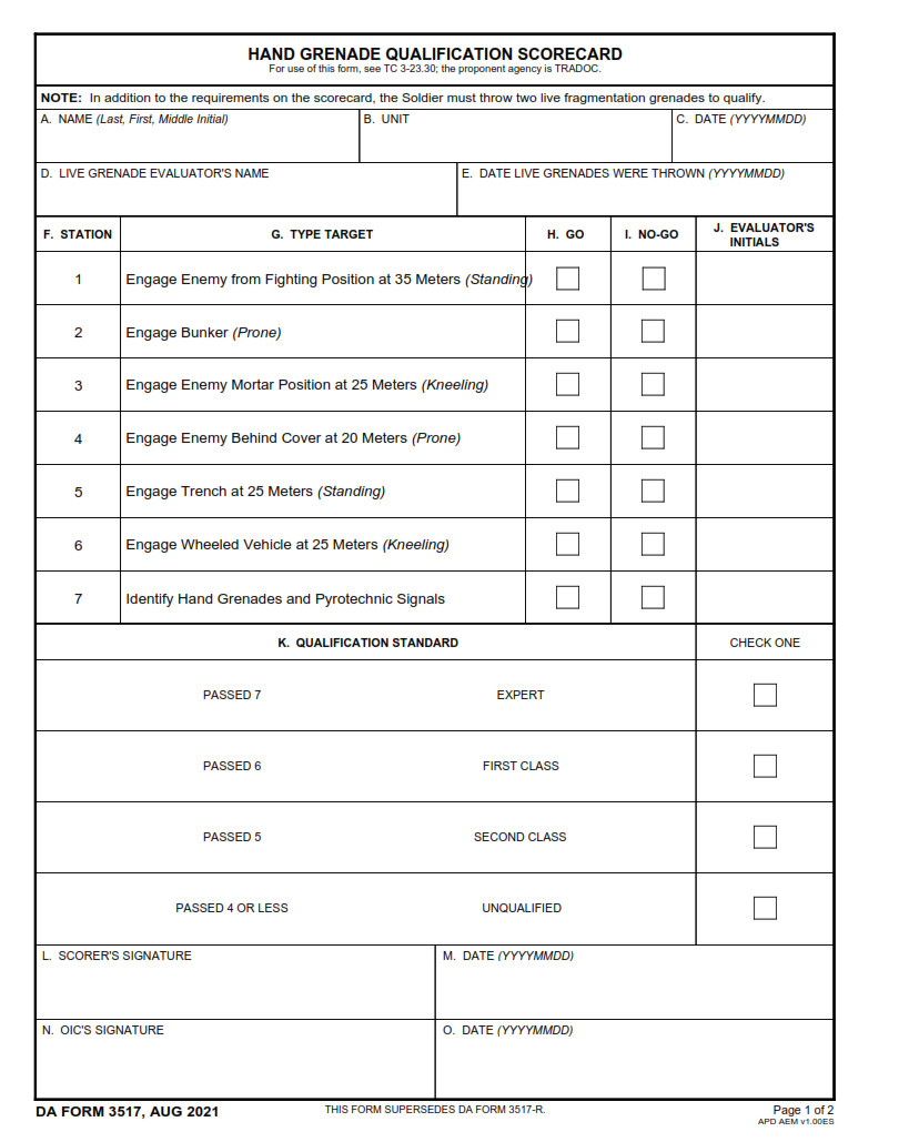 DA Form 3517 - Hand Grenade Qualification Scorecard Page 1
