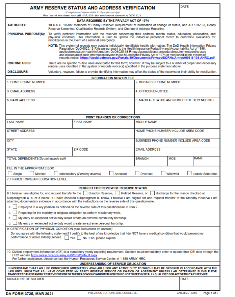 DA Form 3725 - Army Reserve Status And Address Verification