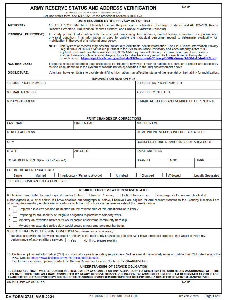 DA Form 3725 - Army Reserve Status And Address Verification Page 1
