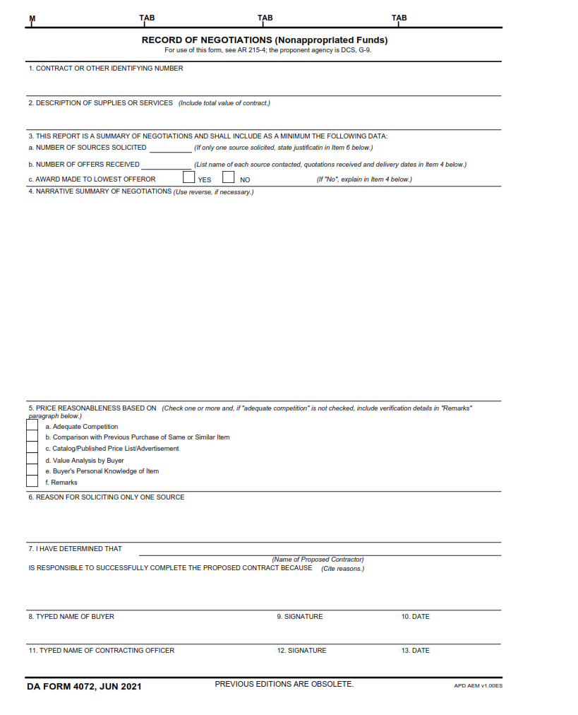DA Form 4072 - Record Of Negotiations