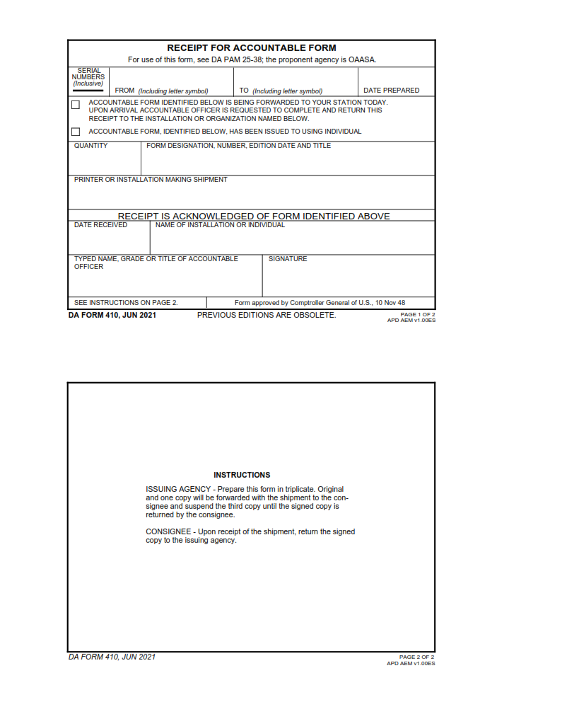 DA Form 410 - Receipt For Accountable Form
