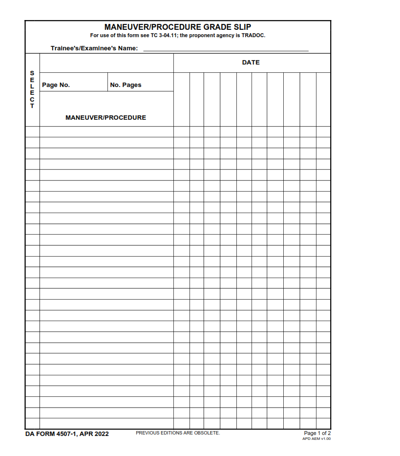 DA Form 4507-1- Maneuver Procedure Grade Slip Page 1