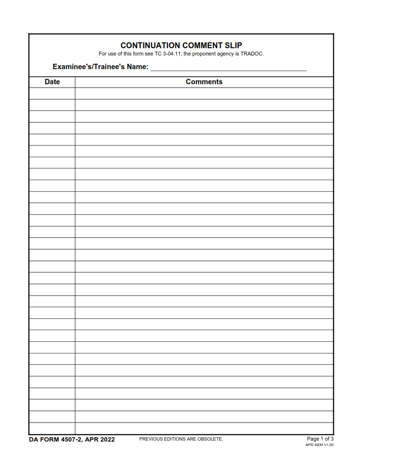 DA Form 4507-2 - Continuation Comment Slip Page 1