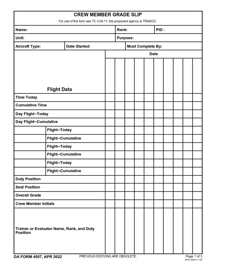 DA Form 4507 - Crew Member Grade Slip Page 1