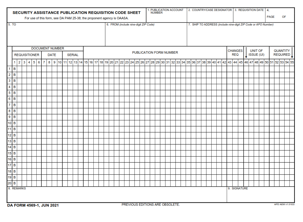 DA Form 4569-1 - Security Assistance Publication Requisition Code Sheet