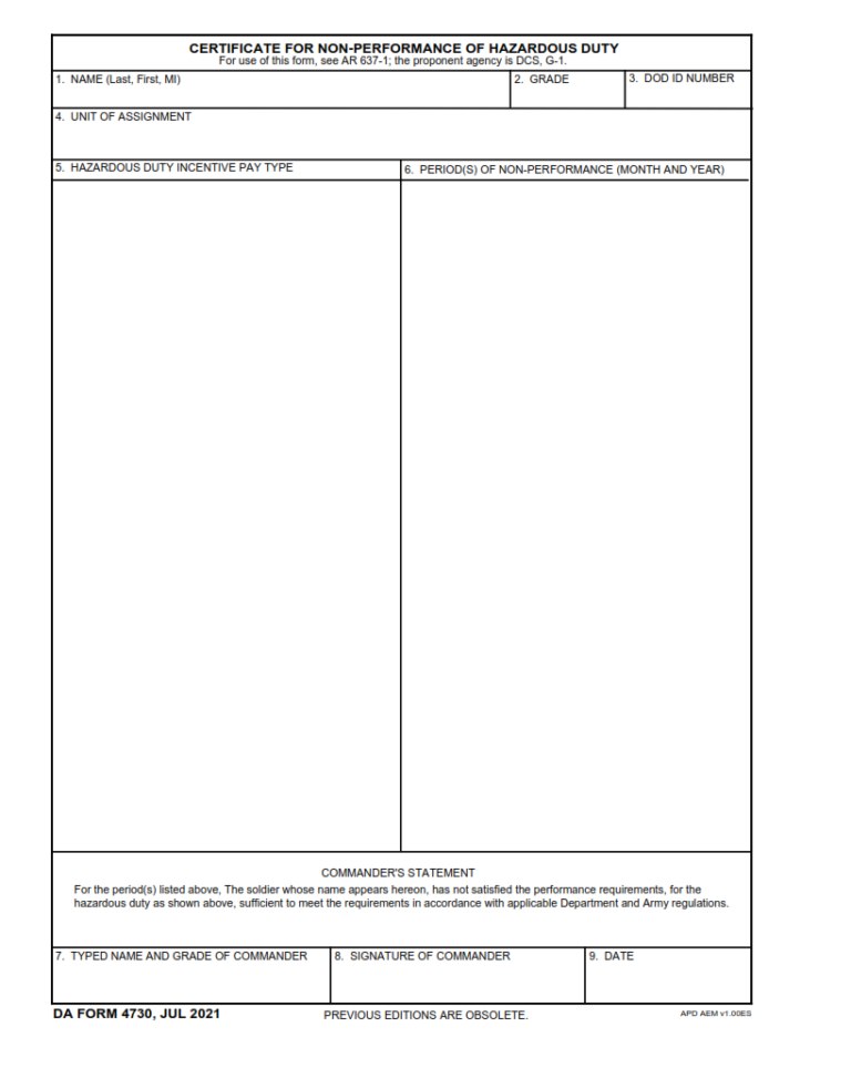 DA Form 4730 Certificate For NonPerformance Of Hazardous Duty
