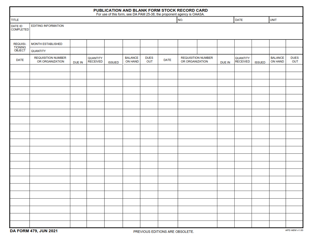 DA Form 479 - Publication And Blank Form Stock Record Card
