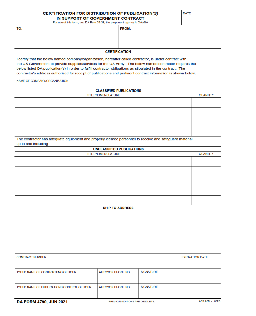 DA Form 4790 - Certification For Distribution Of Publication