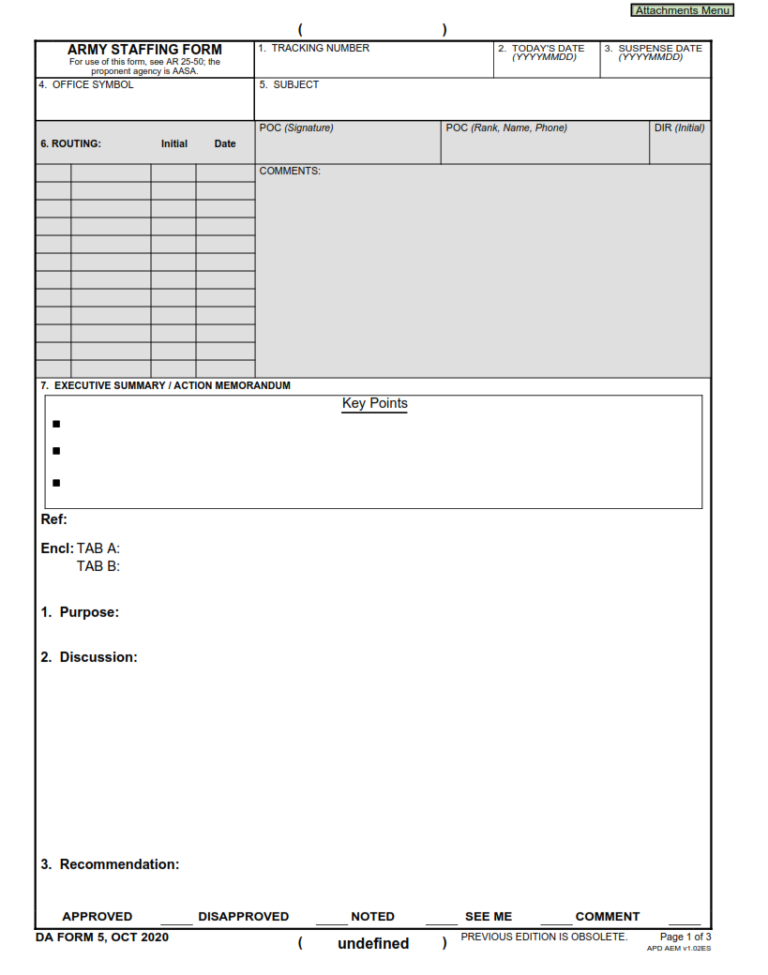 DA Form 5 - Army Staffing Form (For Command Use Only)