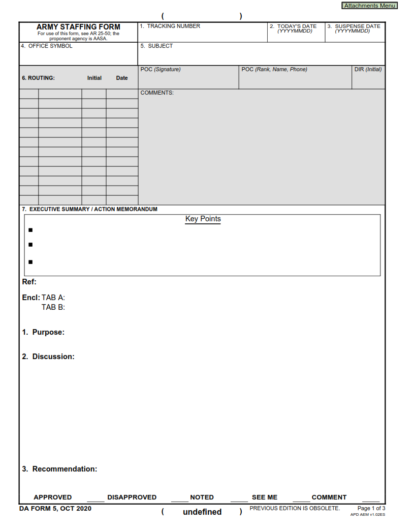 DA Form 5 - Army Staffing Form (For Command Use Only) Page 1