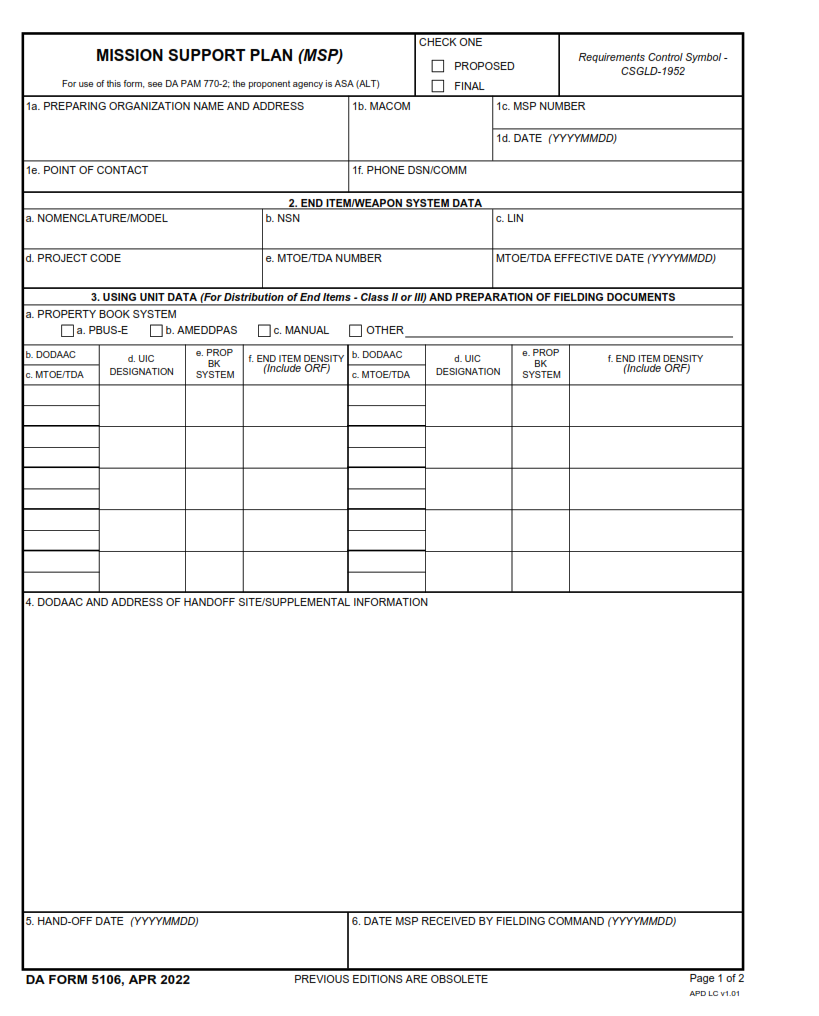 DA Form 5106 - Mission Support Plan (MSP) Page 1