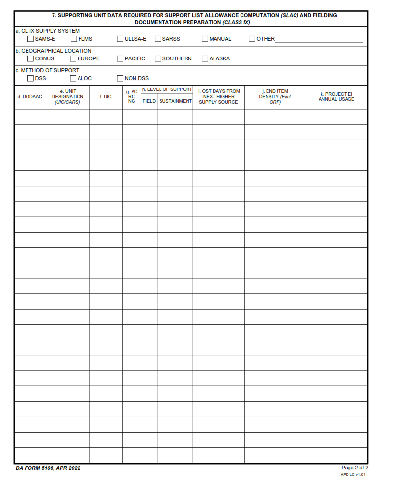 DA Form 5106 - Mission Support Plan (MSP) Page 2