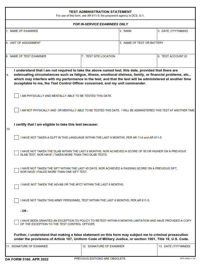 DA Form 5160 - Test Administration Statement