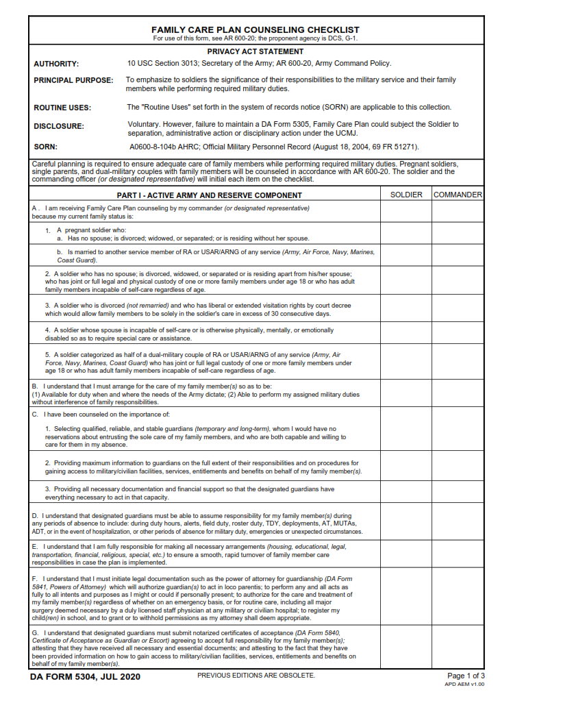 DA Form 5304 - Family Care Plan Counseling Checklist Page 1