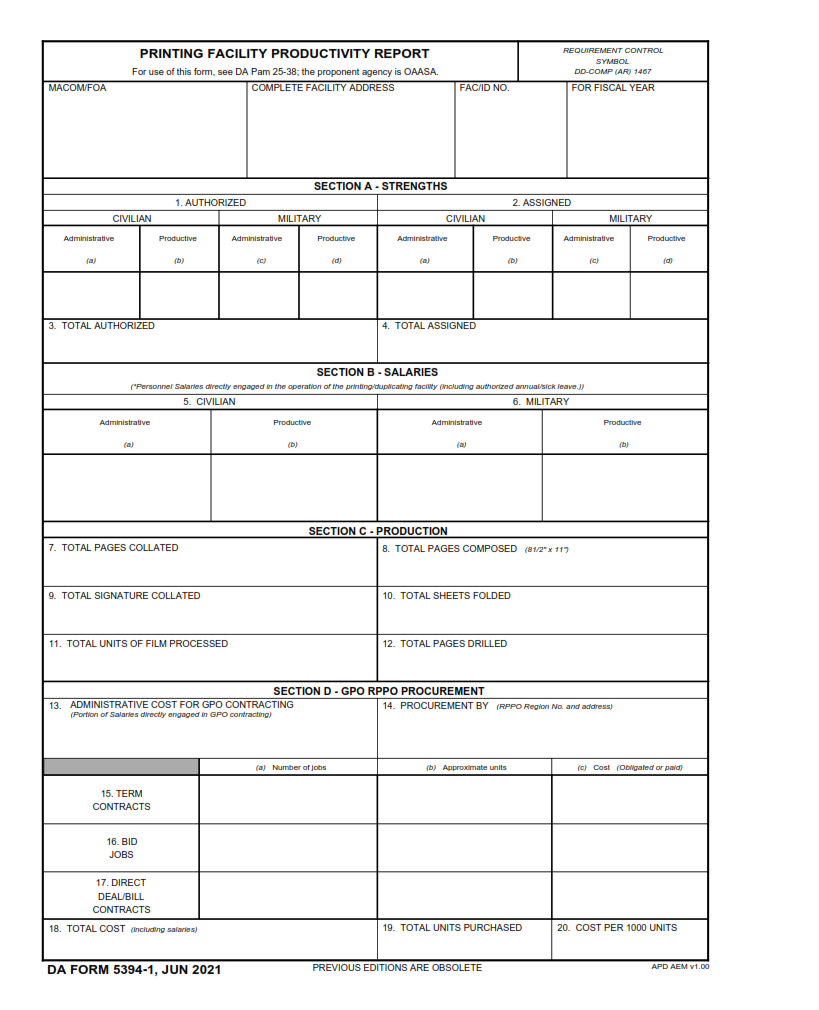 DA Form 5394-1 - Printing Facilities Productivity Report