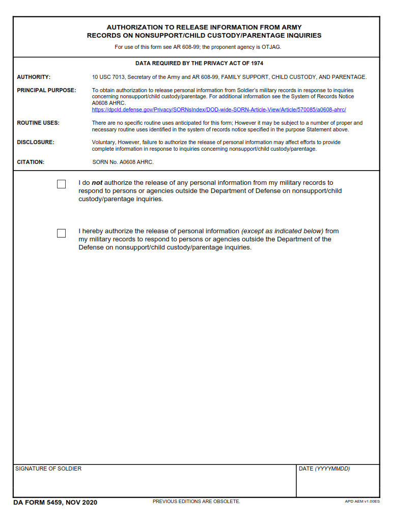 DA Form 5459 - Authorization To Release Information From Army