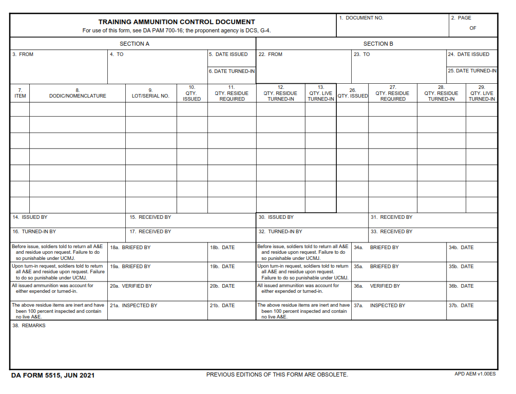 DA Form 5515 - Training Ammunition Control Document