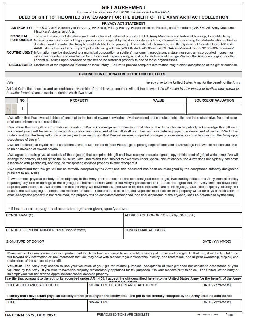 DA Form 5572 - Gift Agreement