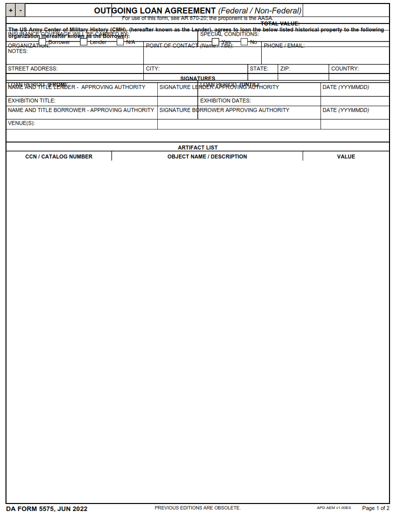 DA Form 5575 - Outgoing Loan Agreement Page 1