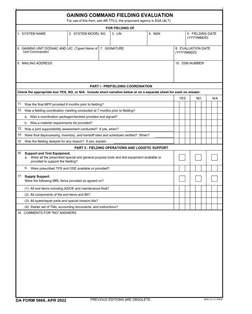 DA Form 5666 - Gaining Command Fielding Evaluation