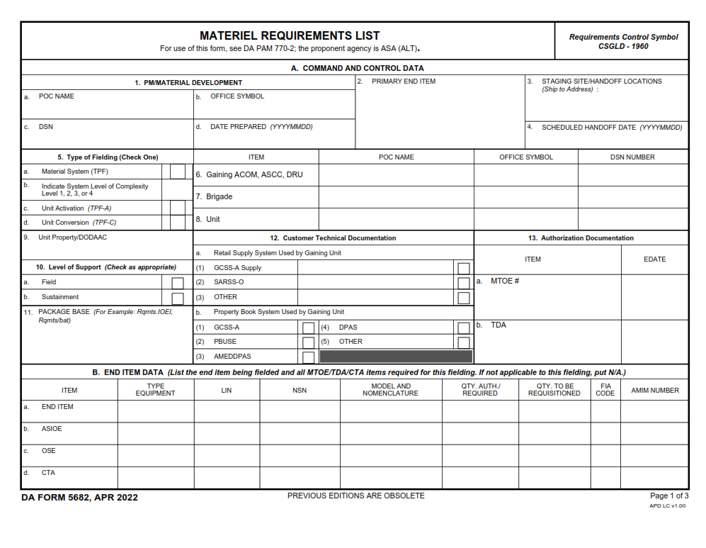DA Form 5682 - Materiel Requirements List Page 1