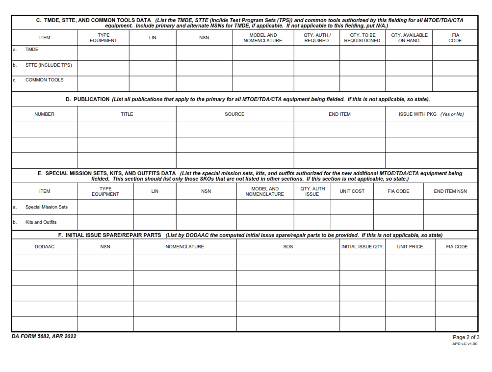 DA Form 5682 - Materiel Requirements List Page 2