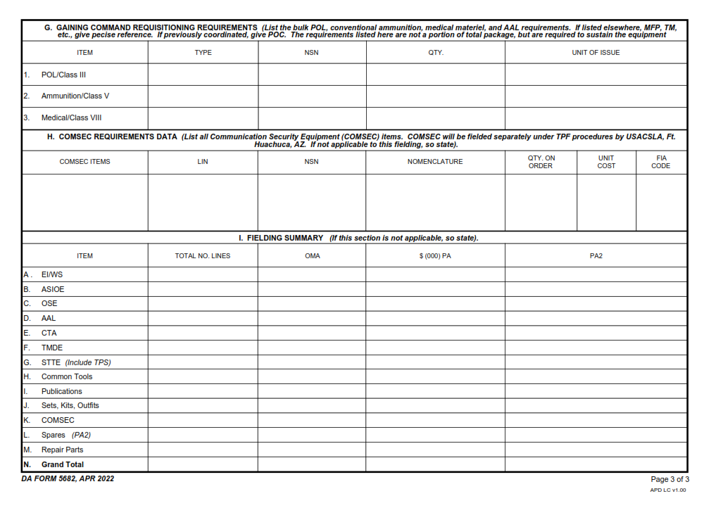 DA Form 5682 - Materiel Requirements List Page 3