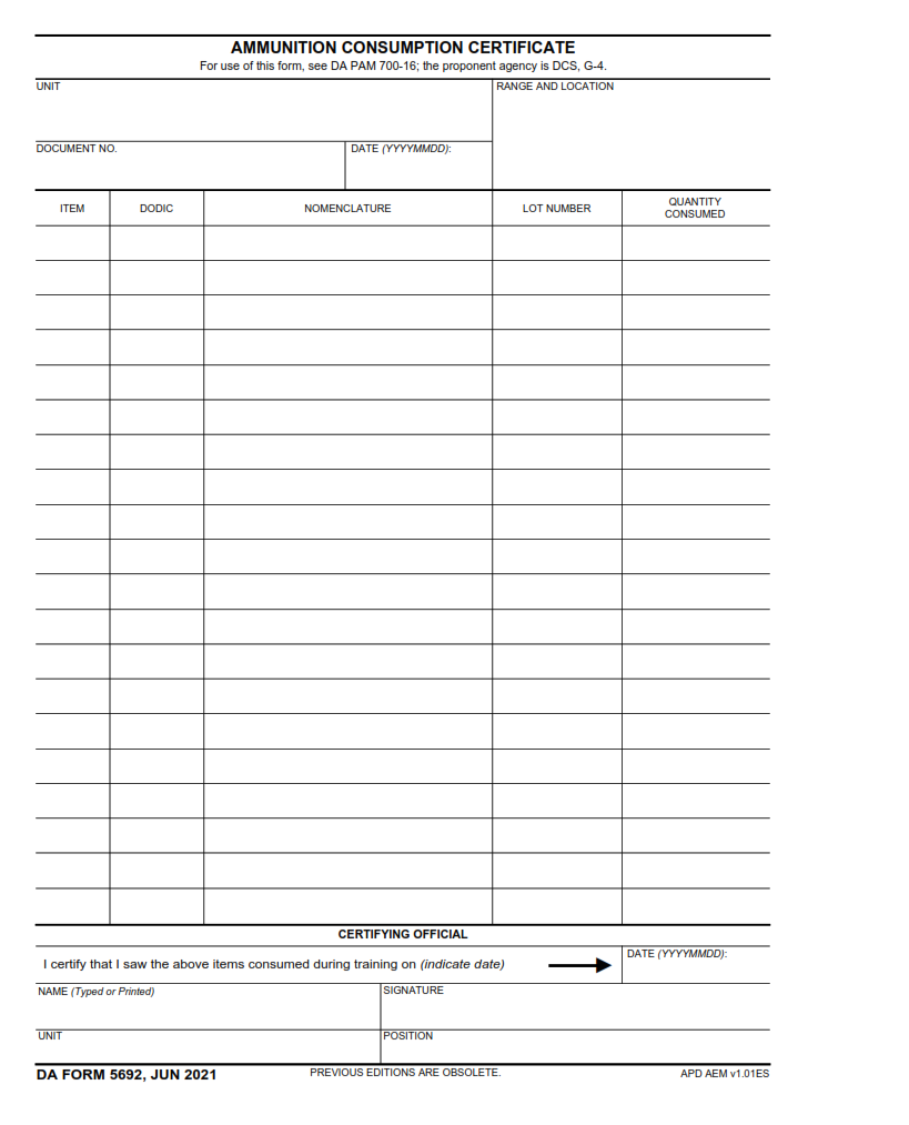 DA Form 5692 - Ammunition Consumption Certificate