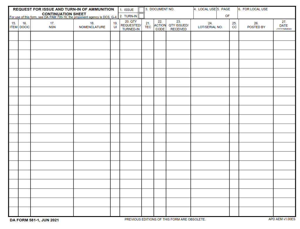 DA Form 581-1 - Request For Issue And Turn-In Of Ammunition Continuation