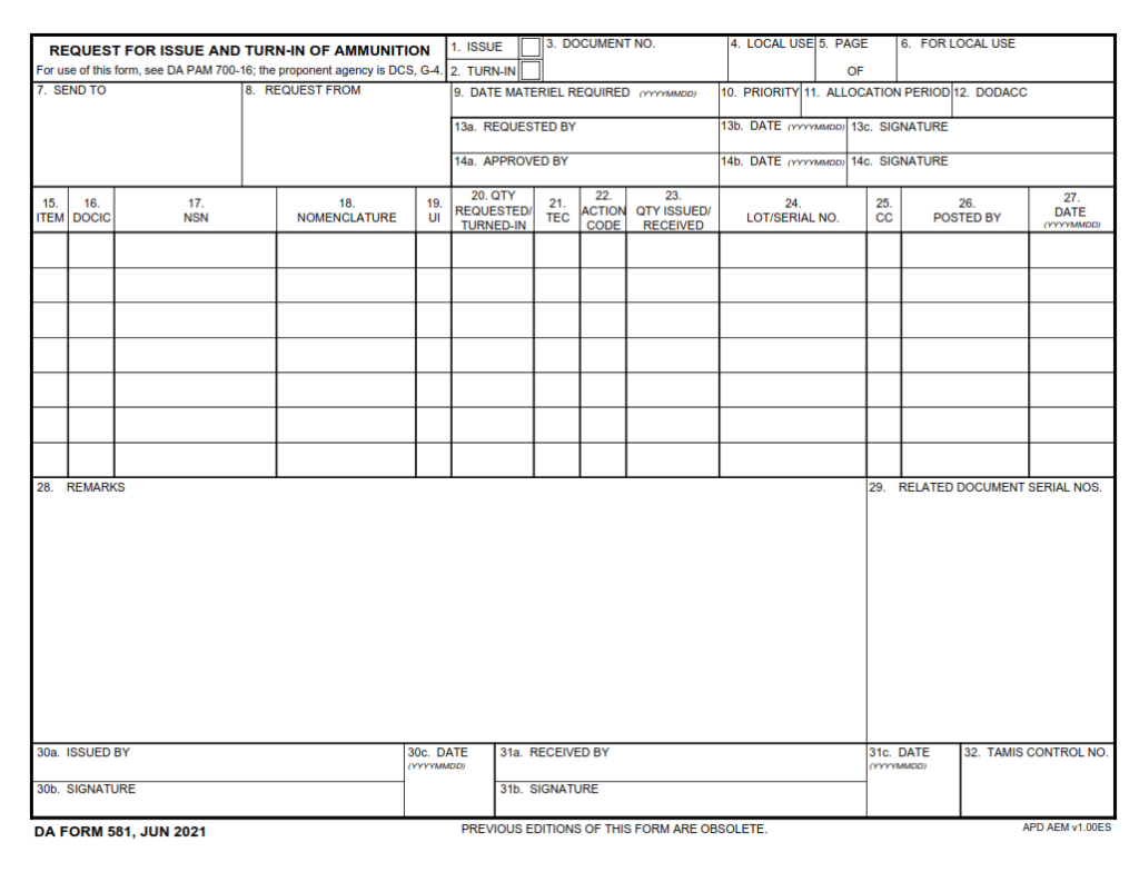 DA Form 581 - Request For Issue And Turn-In Of Ammunition