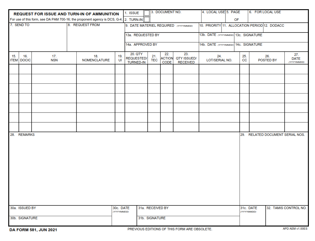 DA Form 581 - Request For Issue And Turn-In Of Ammunition