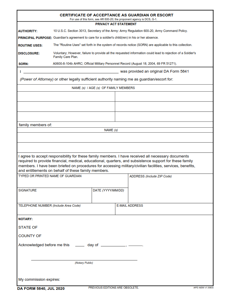 DA Form 5840 - Certificate Of Acceptance As Guardian Or Escort