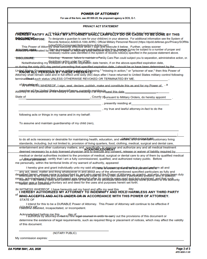 DA Form 5841 - Power Of Attorney Page 2